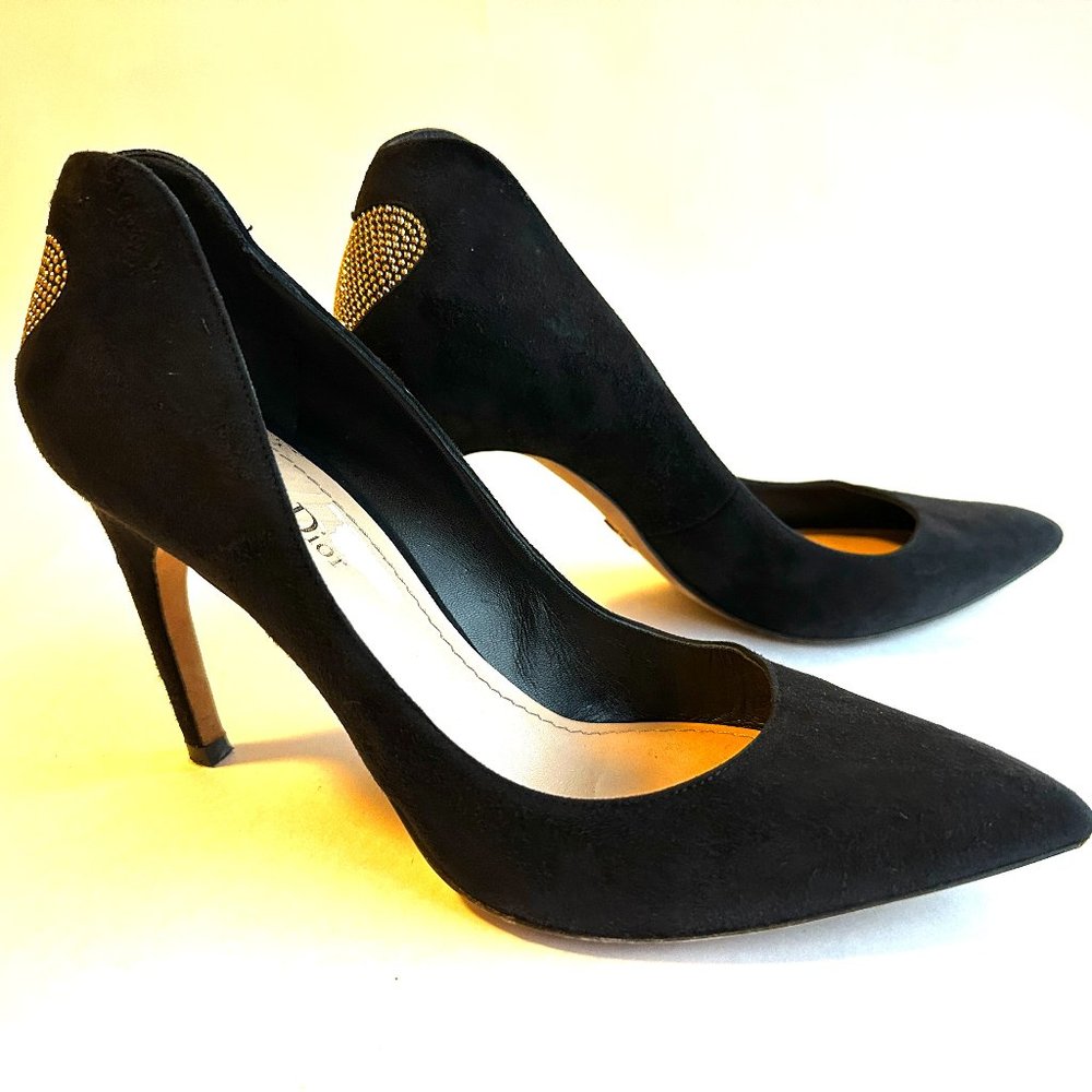 Dioramour Black Heels with Gold Stud Heart Accent, Size 39